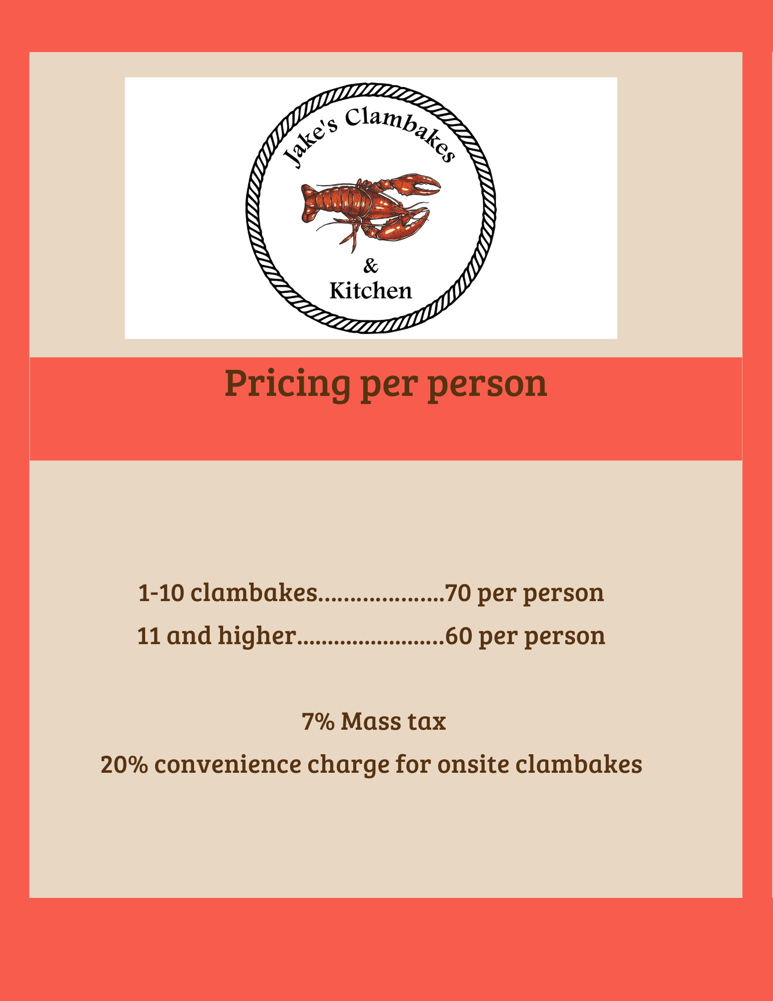 Menus and Pricing Jake's Clambakes & Kitchen